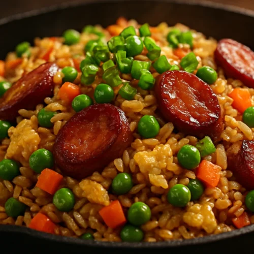 Close-up of Freakin Fantastic Fried Rice with peas, carrots, and sausage in a skillet
