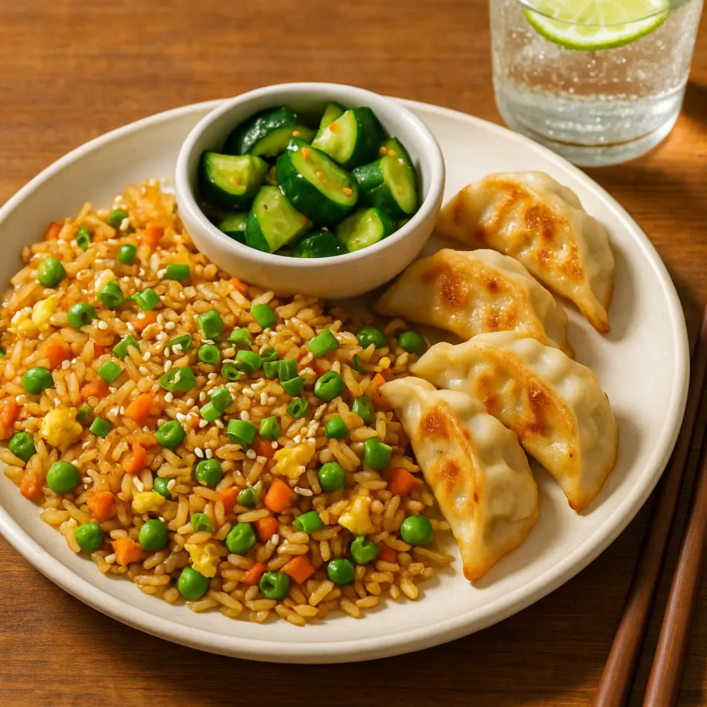 Plated Freakin Fantastic Fried Rice served with crispy dumplings, cucumber salad, and lime sparkling water