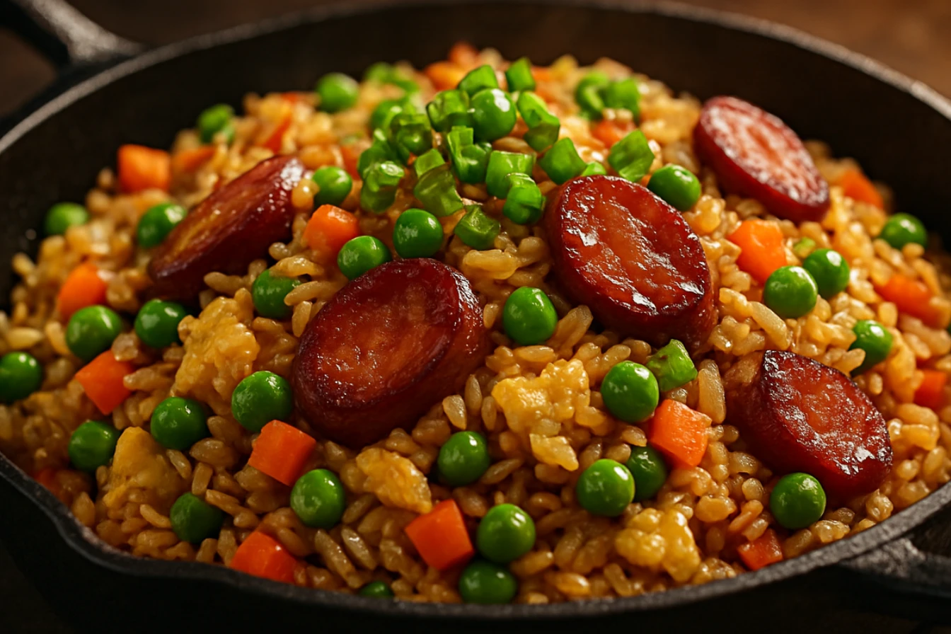 Close-up of Freakin Fantastic Fried Rice with peas, carrots, and sausage in a skillet