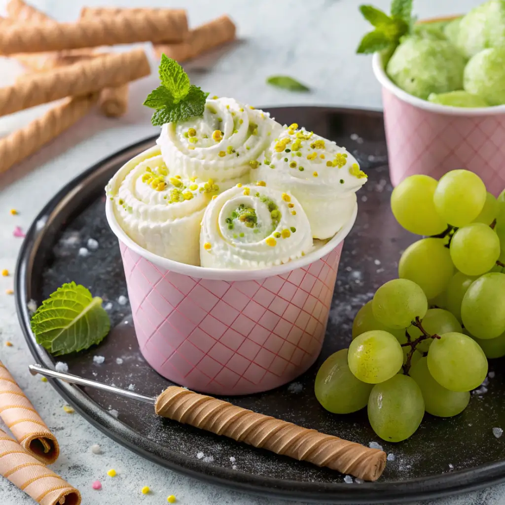Grape ice cream rolls in a pink cup topped with sprinkles and mint, served with fresh green grapes and wafer rolls.