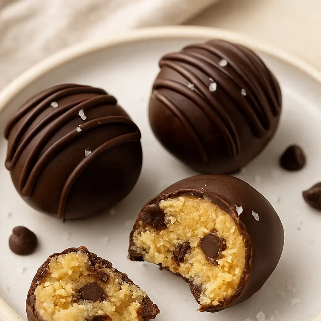 Served healthy cookie dough truffles on a dessert plate with chocolate drizzle and a bite showing the soft no-bake center