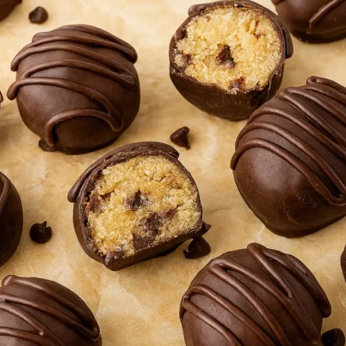 “Healthy cookie dough truffles with chocolate drizzle and golden no-bake centers on parchment paper
