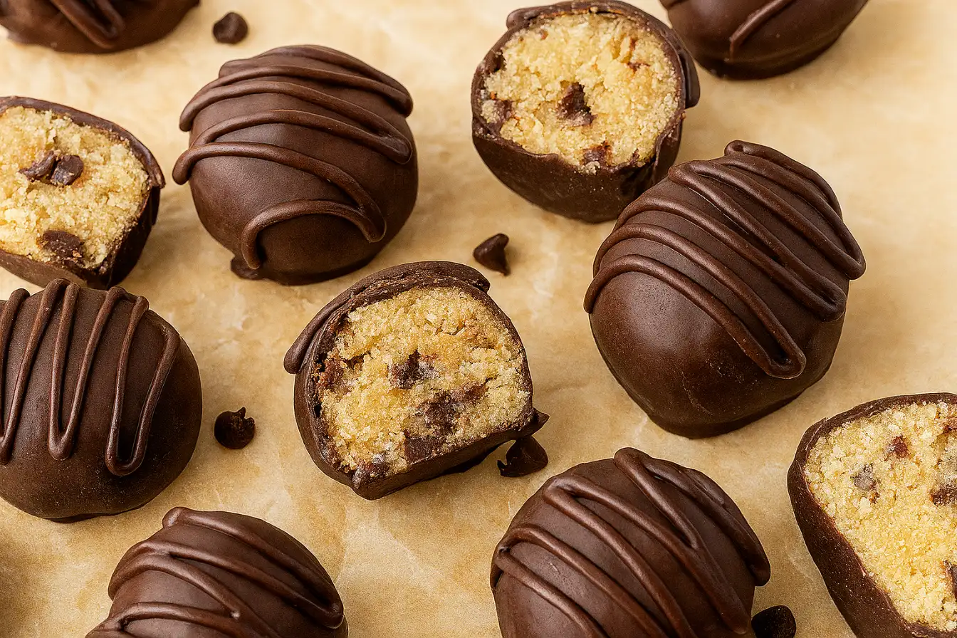 “Healthy cookie dough truffles with chocolate drizzle and golden no-bake centers on parchment paper