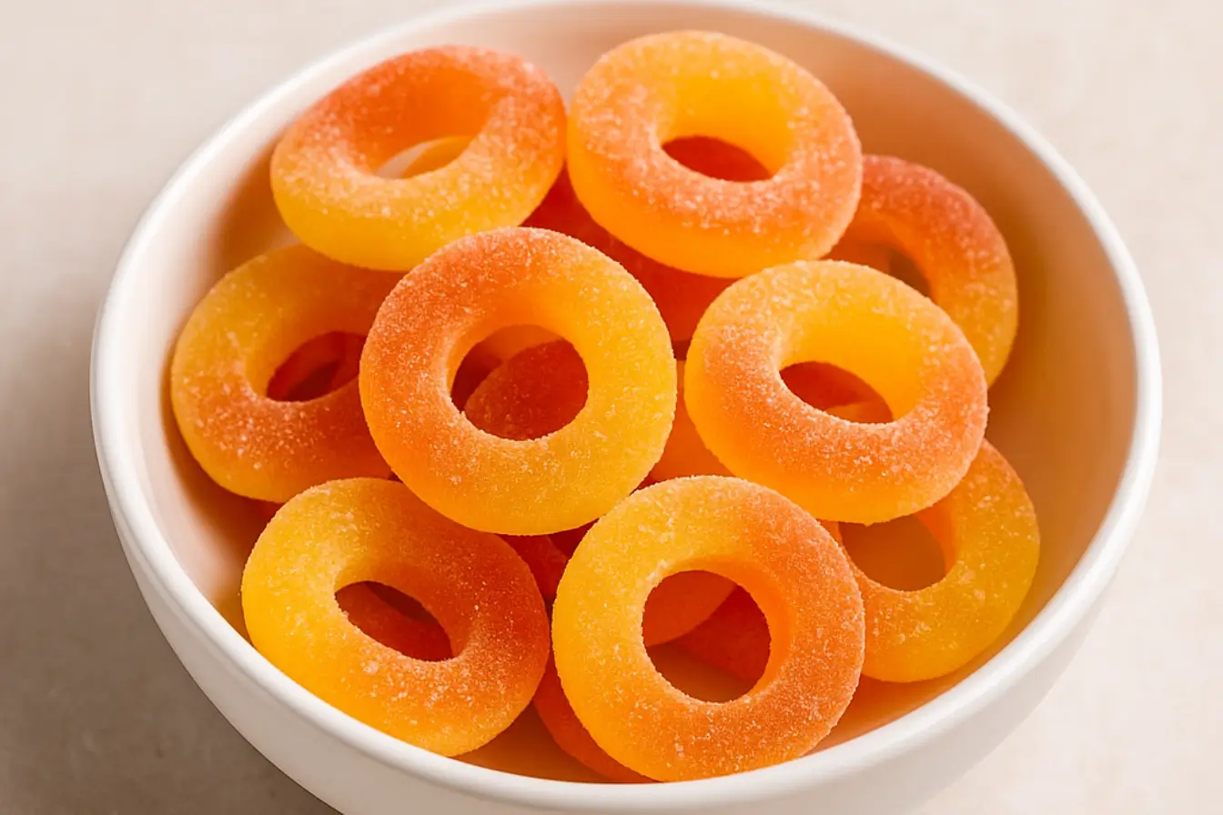 Bowl of homemade gummy peach rings coated with sugar, showing vibrant orange and yellow candy colors.