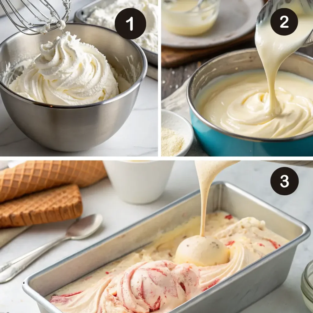 Step-by-step collage showing how to make 2-ingredient ice cream: whipping heavy cream, folding in sweetened condensed milk, and pouring into a loaf tin