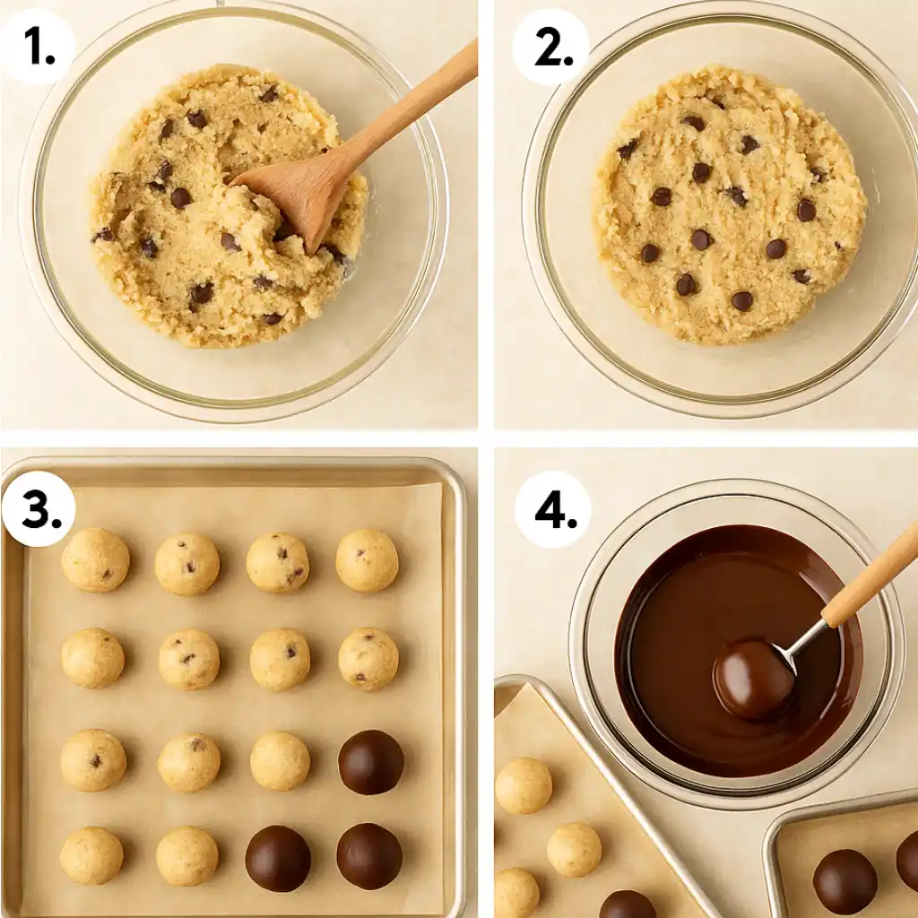 Step-by-step process of making healthy cookie dough truffles with chocolate chips and melted coating