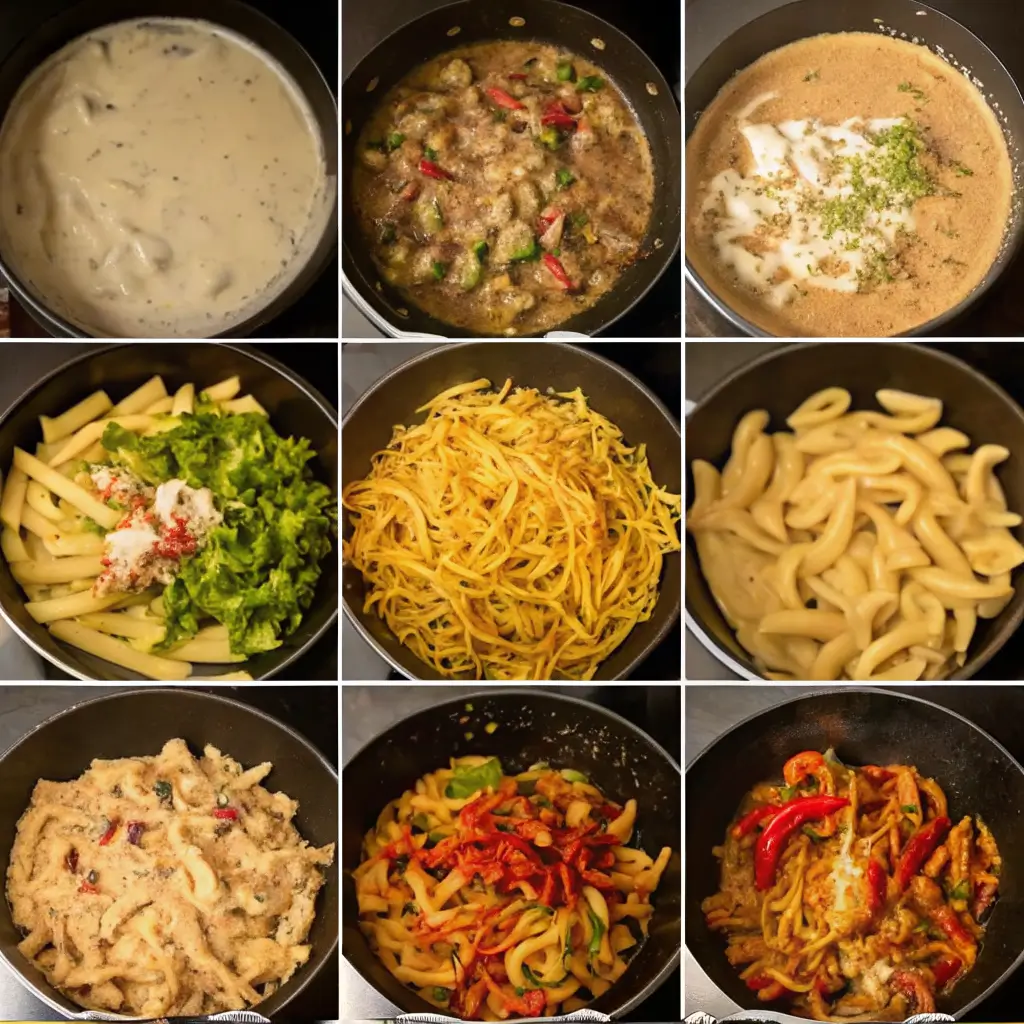 Step-by-step Rasta Pasta recipe collage showing creamy sauce preparation, pasta cooking, jerk seasoning blending