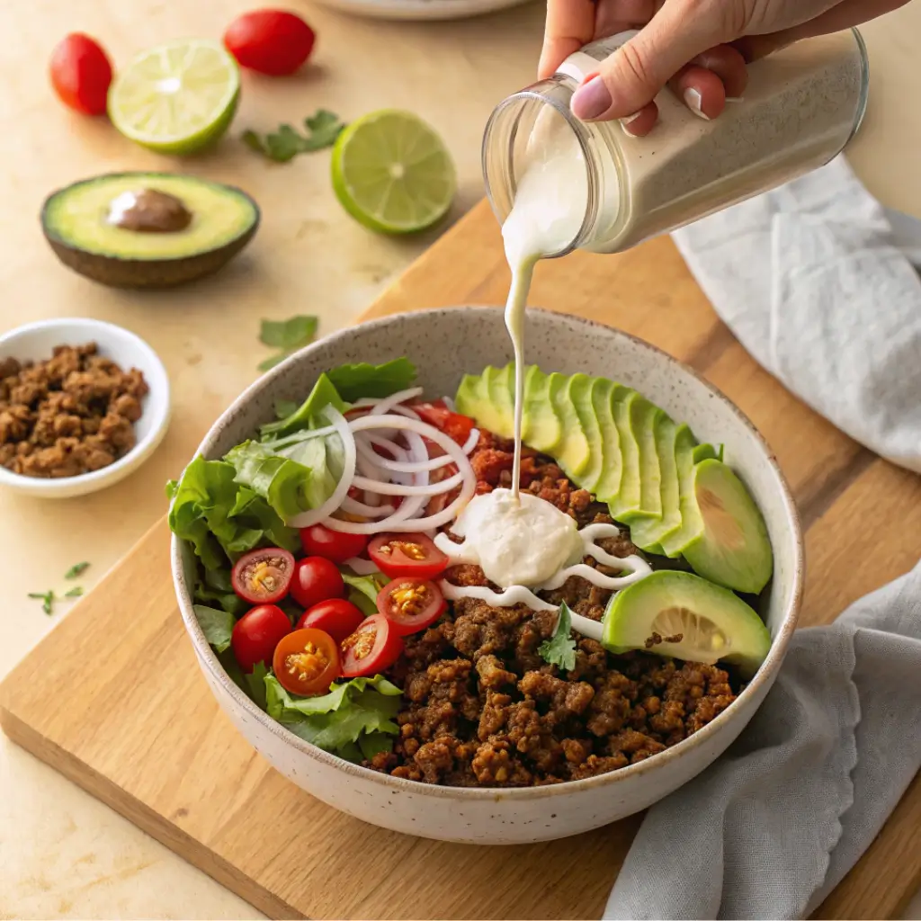 Hands assembling a raw vegan taco salad with walnut taco meat, avocado, cherry tomatoes, red onion, and creamy cashew lime dressing layered over crisp romaine lettuce. A no-cook, plant-based taco bowl perfect for healthy vegan meal prep.