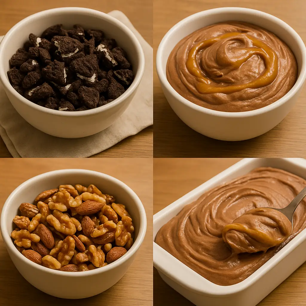 A four-image collage showing chocolate ice cream being scooped, stored in a container, served with a spoon, and topped with sea salt for ideal presentation.