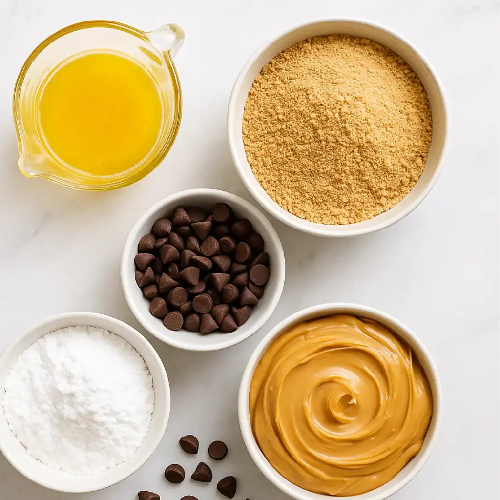 Reese's Peanut Butter No-Bake Bars ingredients including peanut butter, chocolate chips, graham cracker crumbs, powdered sugar, and melted butter in small bowls on a white background