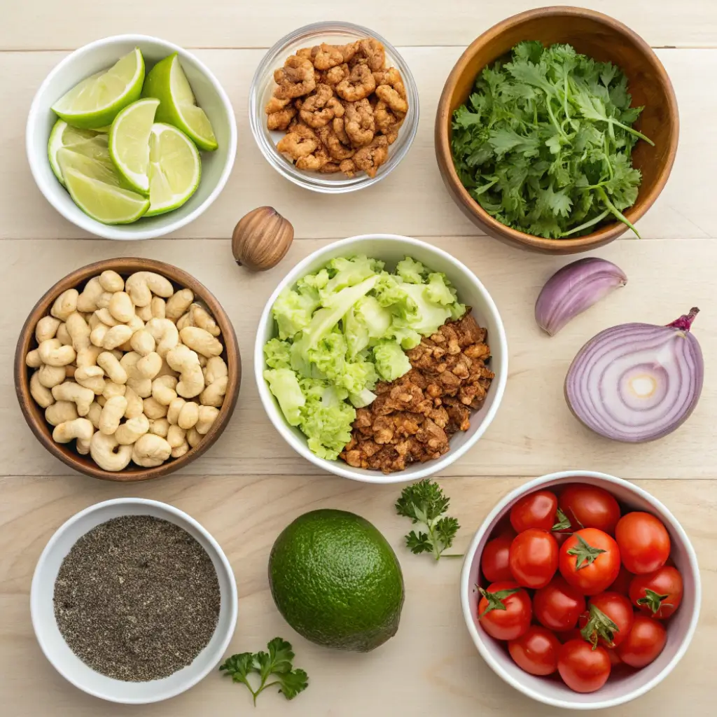 Flat-lay photo of ingredients for raw vegan taco salad, including walnut taco meat components, soaked cashews, lime, cherry tomatoes, romaine lettuce, avocado, red onion, garlic, and spices. Ideal for plant-based, no-cook meal prep and gluten-free vegan recipes.