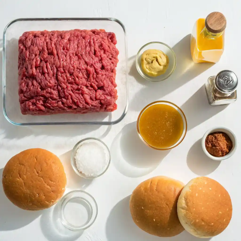 Ingredients for a Maid-Rite sandwich recipe including ground beef, mustard, beef broth, hamburger buns, and seasonings for a classic loose meat sandwich.