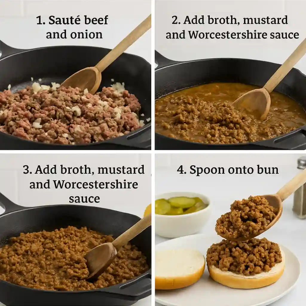 Step-by-step process for making a Maid-Rite sandwich recipe with ground beef, onion, mustard, and Worcestershire sauce on a soft hamburger bun.