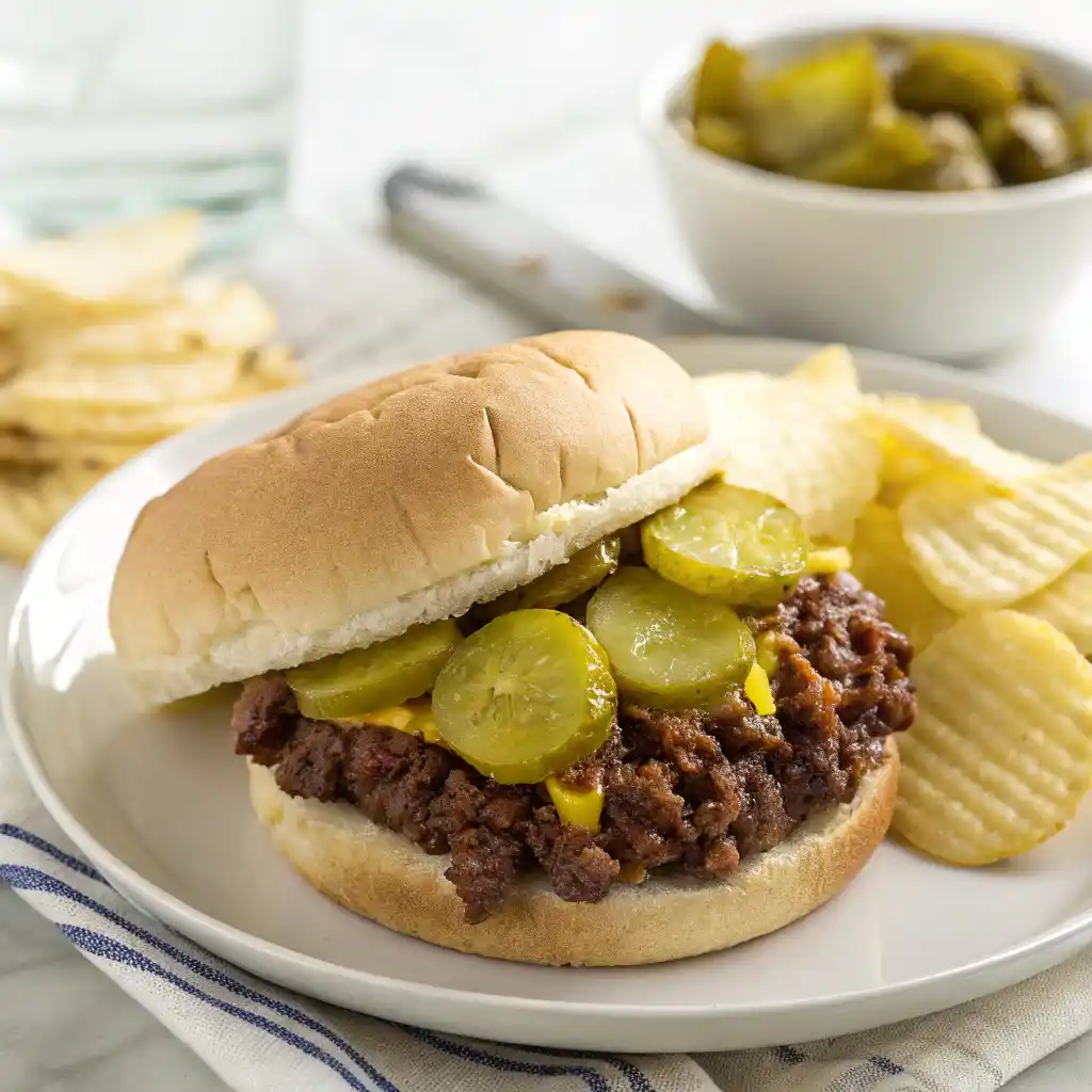 Authentic Maid-Rite sandwich served with pickles, mustard, and potato chips — a classic loose meat recipe from the Midwest.
