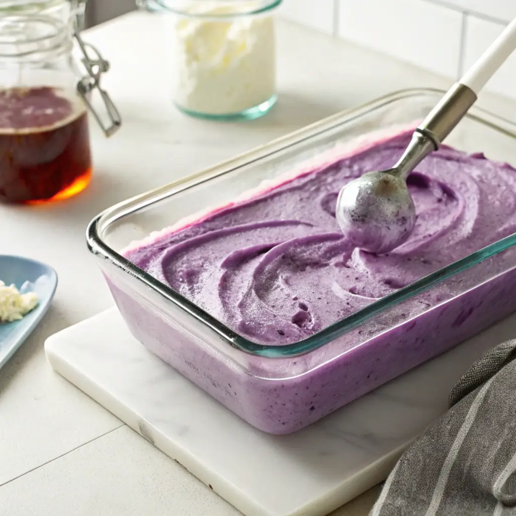 Grapico soda and condensed milk mixture partially frozen in a loaf pan, being stirred by hand to make no-churn homemade grape soda ice cream.