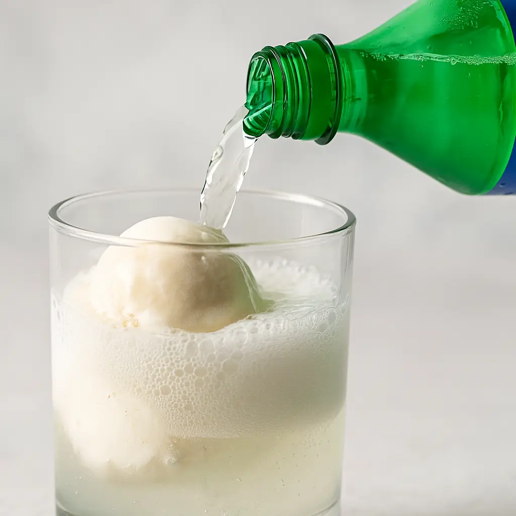 Sprite ice cream float being made as lemon-lime soda is poured over vanilla ice cream in a clear glass