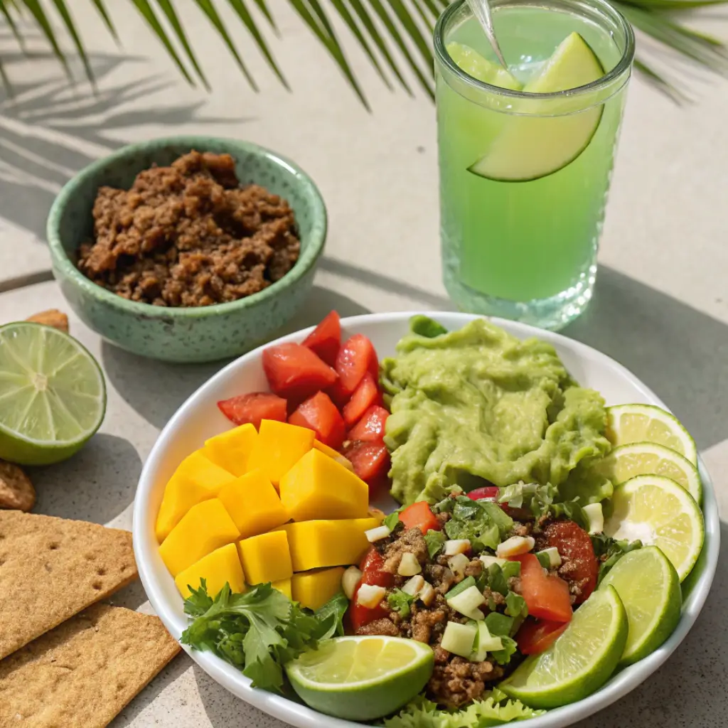 Raw vegan taco salad served with guacamole, flaxseed crackers, mango fruit salad, and a glass of green juice. A vibrant, plant-based no-cook meal featuring fresh vegetables, walnut taco meat, and cashew lime dressing — ideal for raw vegan lunches or summer potlucks.