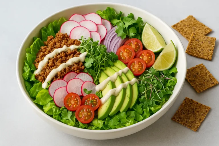 Raw vegan taco salad in a white bowl featuring walnut taco meat, sliced radishes, avocado, cherry tomatoes, red onion, fresh cilantro, and cashew dressing.