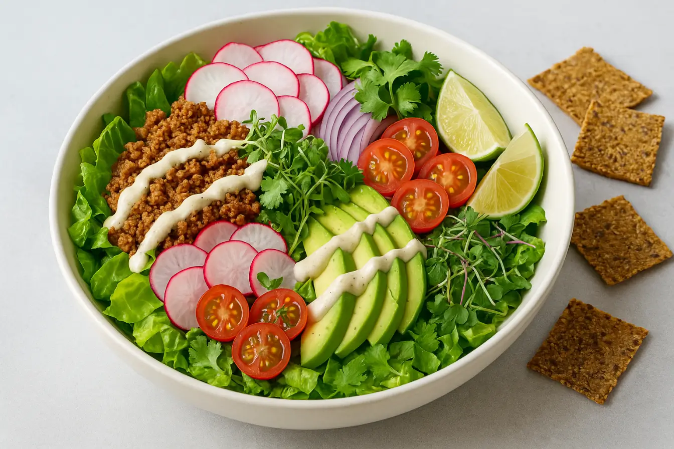 Raw vegan taco salad in a white bowl featuring walnut taco meat, sliced radishes, avocado, cherry tomatoes, red onion, fresh cilantro, and cashew dressing.