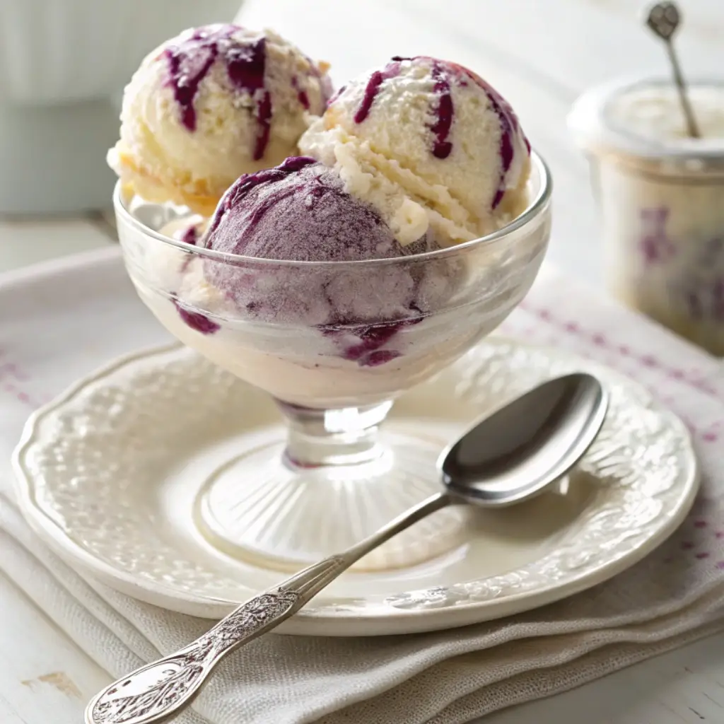 Three scoops of Grapico ice cream with condensed milk served in a clear glass dessert dish, topped with grape syrup, next to a vintage silver spoon.