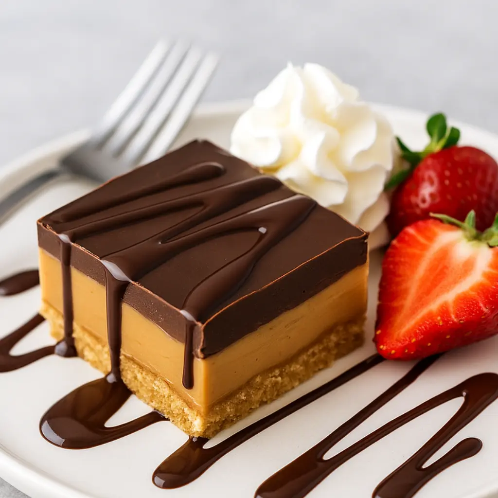 No-bake Reese’s peanut butter bar on a dessert plate, served with whipped cream, strawberries, and chocolate drizzle