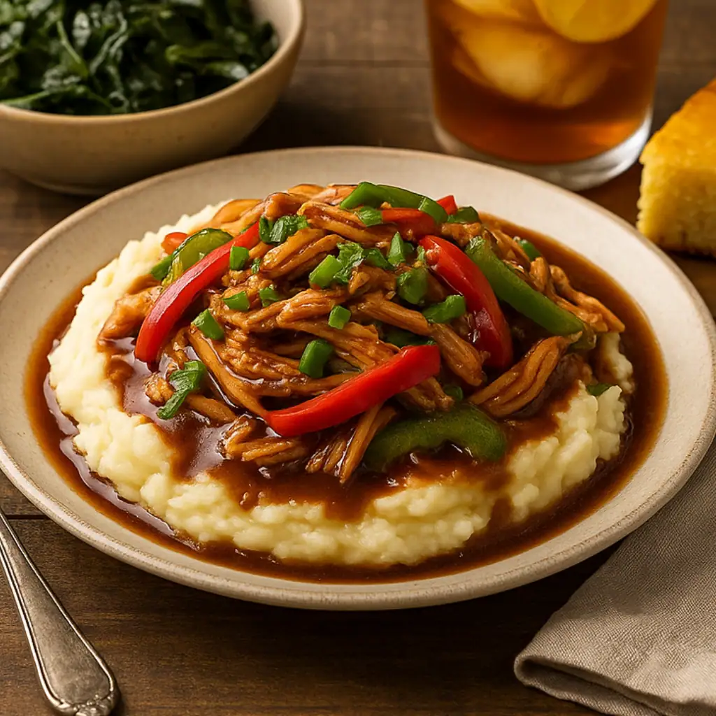 A Southern-style dinner plate featuring Spicy Southern Chicken & Gravy served over mashed potatoes, accompanied by sautéed collard greens, iced sweet tea with lemon, and a slice of golden cornbread on a rustic wooden table.