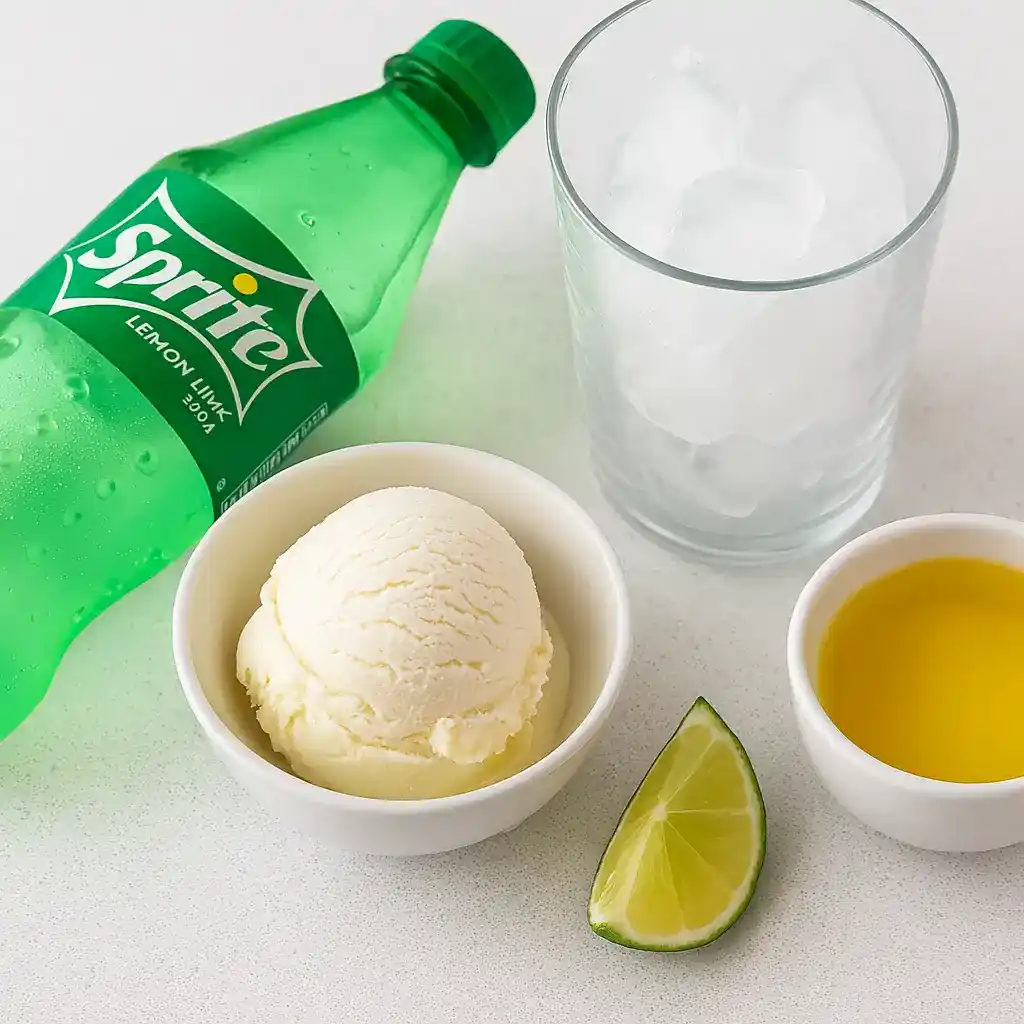 Ingredients for a Sprite ice cream float including vanilla ice cream, Sprite bottle, ice cubes, lime wedge, and syrup