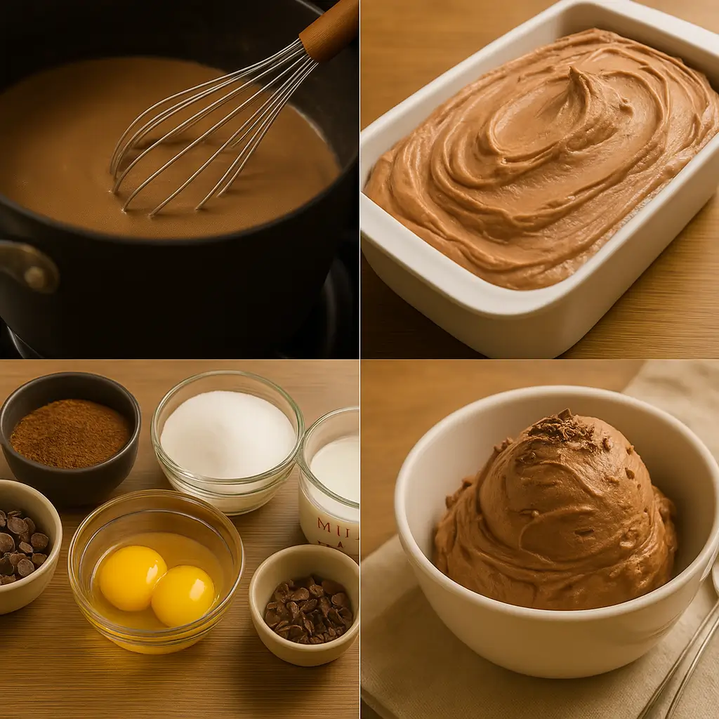 Four-panel collage showing how to make chocolate ice cream at home, including ingredients, custard cooking, churned mixture, and final scoop.