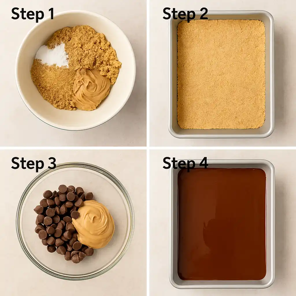 Step-by-step grid showing how to make no-bake Reese’s peanut butter bars: mixing peanut butter and graham cracker crumbs, pressing base into pan, melting chocolate chips, and spreading chocolate topping
