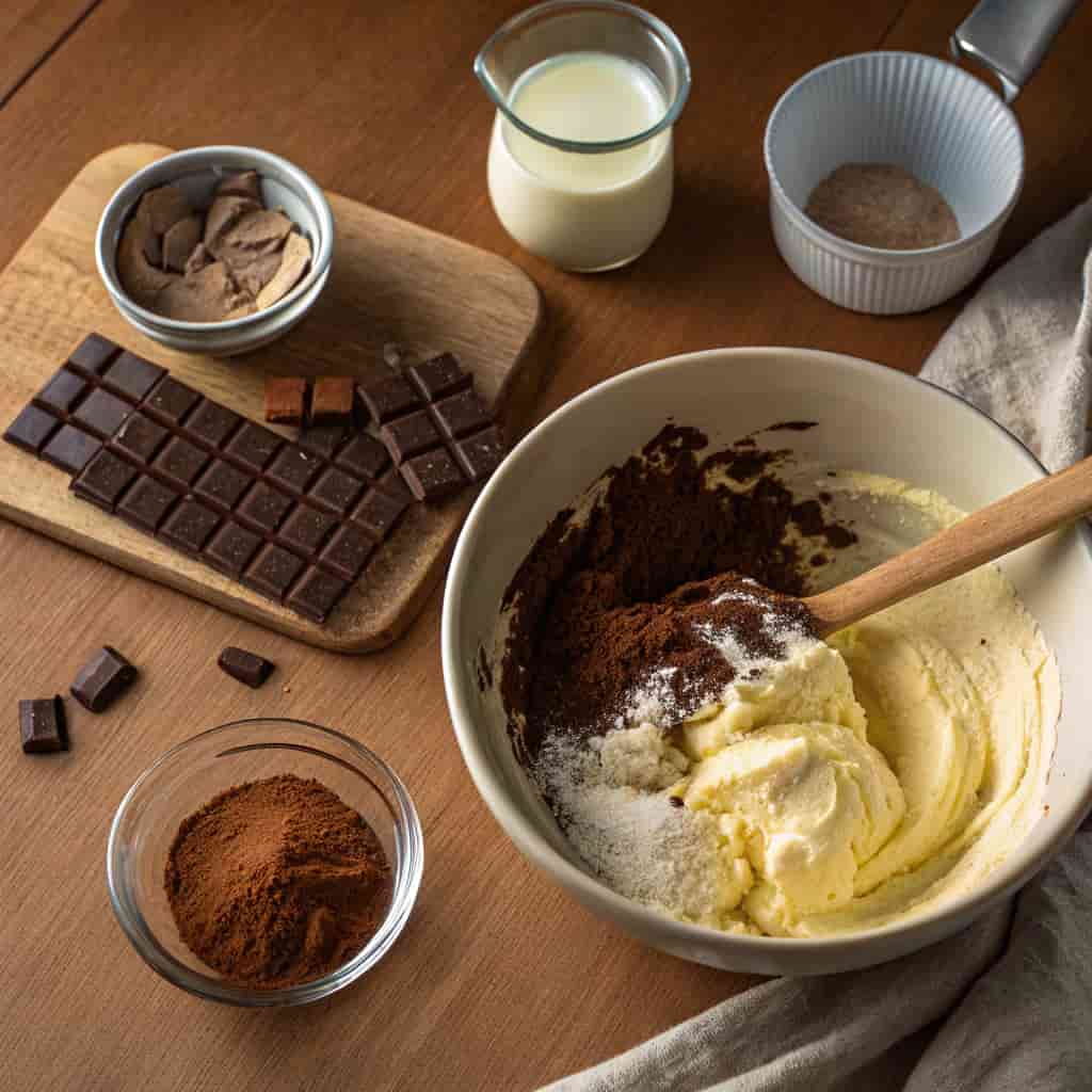 Ingredients for Costco chocolate cake icing recipe in a bowl, including cocoa powder, butter, and powdered sugar, ready to be mixed.
