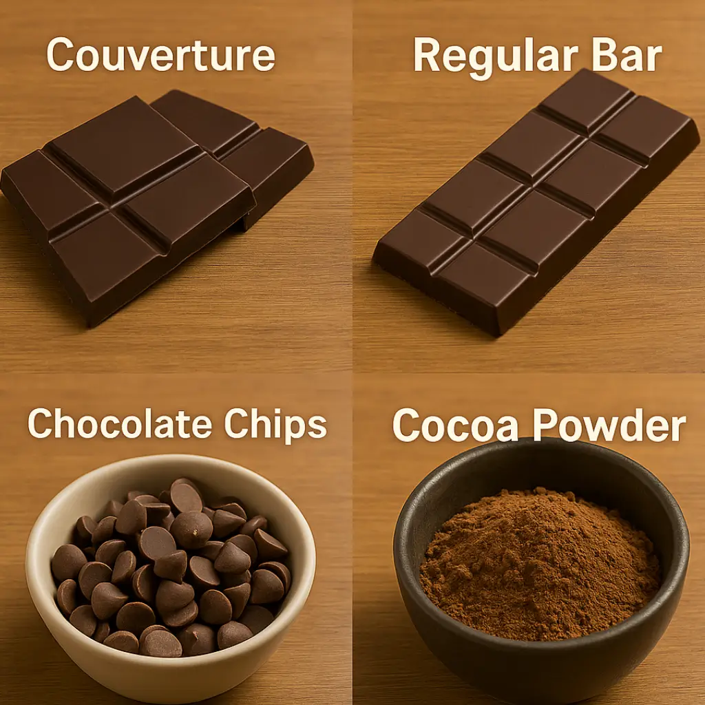 A 2x2 image grid comparing chopped dark chocolate bars, cocoa powder, chocolate chips, and semi-sweet chocolate, used in chocolate ice cream making.