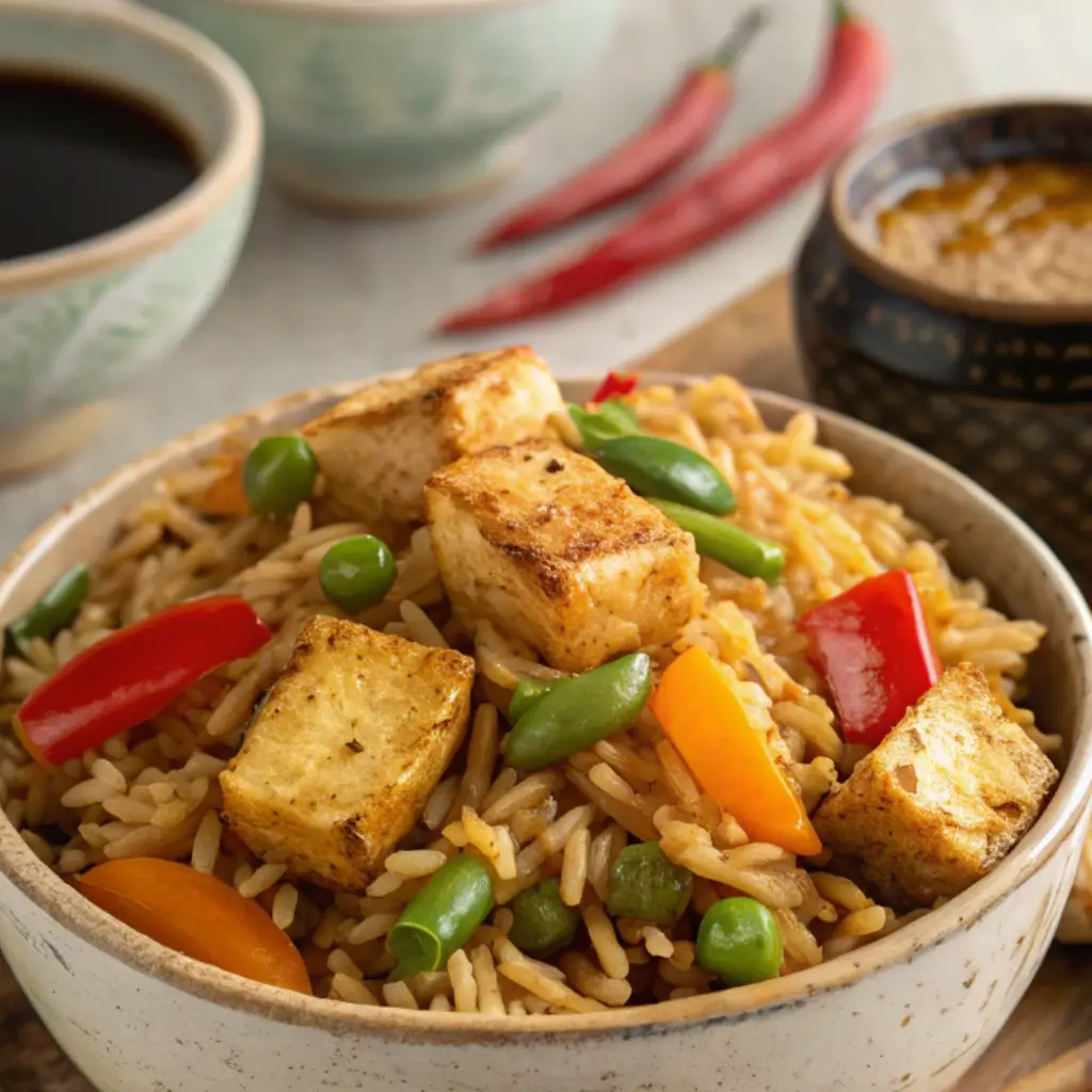 Plant-based Freakin Fantastic Fried Rice with tofu, snap peas, and bell peppers in a rustic bowl