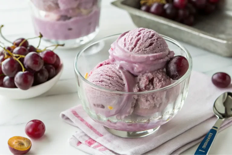 Three scoops of viral grape ice cream in a glass bowl, surrounded by fresh Concord grapes on a white background.