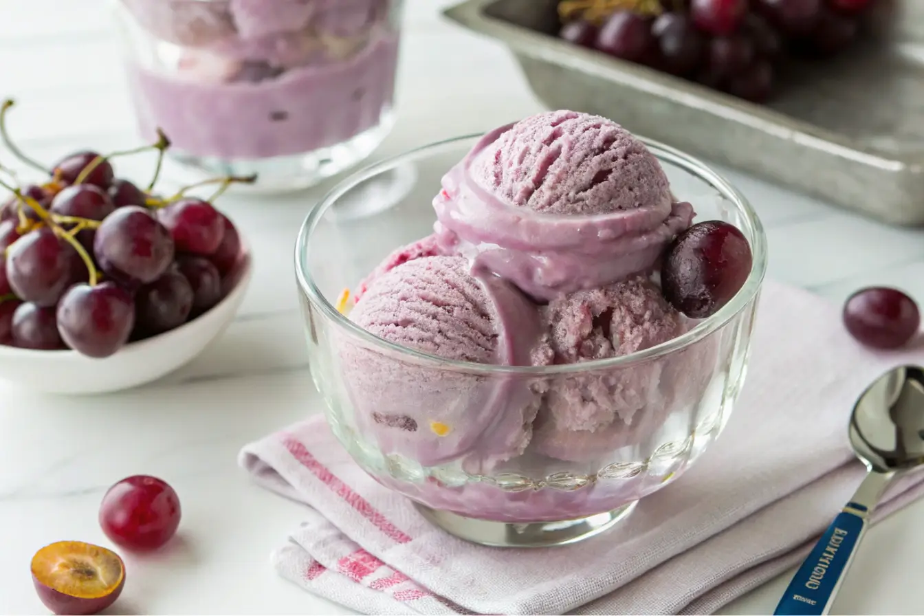 Three scoops of viral grape ice cream in a glass bowl, surrounded by fresh Concord grapes on a white background.