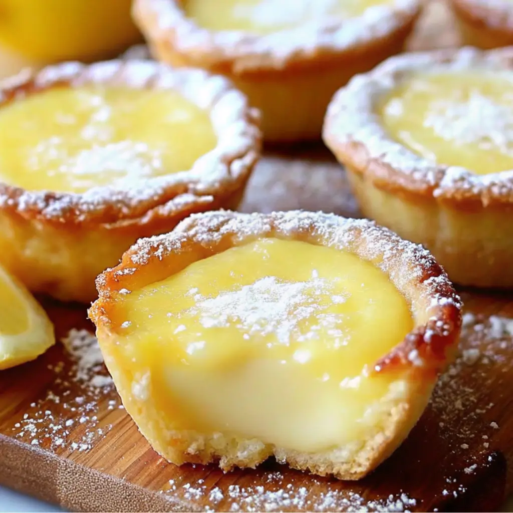 Creamy baby lemon impossible pie with a golden crust and powdered sugar, sliced open to reveal soft lemon custard filling.