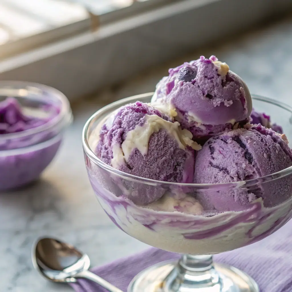 Close-up of creamy homemade Grapico ice cream with condensed milk in a clear glass bowl, showing swirls of grape soda and smooth texture, with a spoon .
