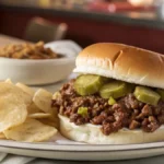 Loose meat Maid-Rite sandwich with pickles and chips on a plate — classic Iowa diner-style loose meat sandwich recipe