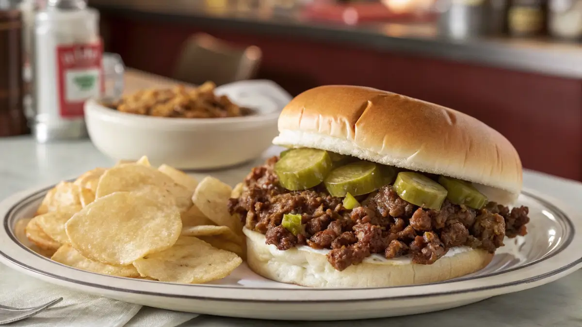 Loose meat Maid-Rite sandwich with pickles and chips on a plate — classic Iowa diner-style loose meat sandwich recipe