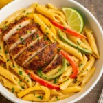 Creamy Rasta Pasta served in a white bowl with jerk chicken, colorful bell peppers, and fresh herbs on a rustic table