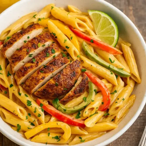 Creamy Rasta Pasta served in a white bowl with jerk chicken, colorful bell peppers, and fresh herbs on a rustic table
