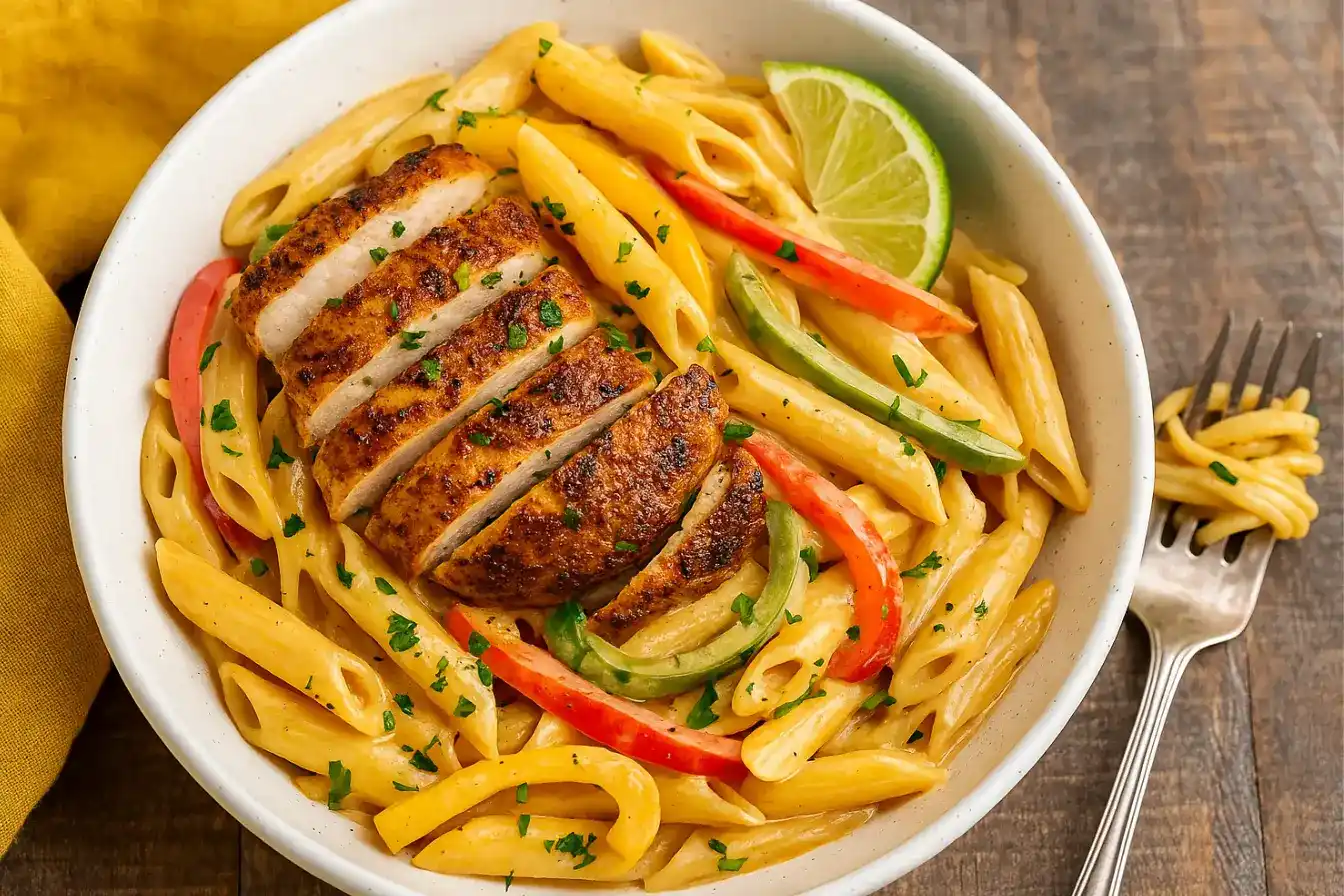 Creamy Rasta Pasta served in a white bowl with jerk chicken, colorful bell peppers, and fresh herbs on a rustic table