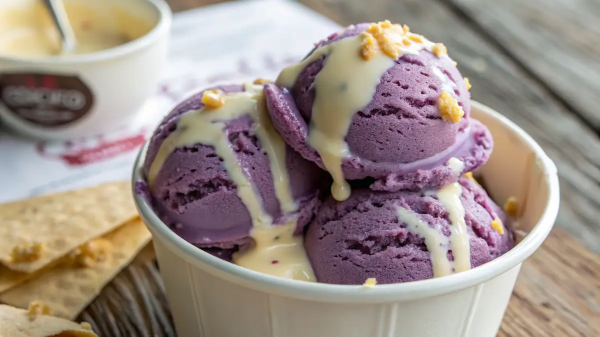 Scoops of homemade Grapico ice cream with condensed milk drizzled on top, served in a paper cup on a rustic wooden table.