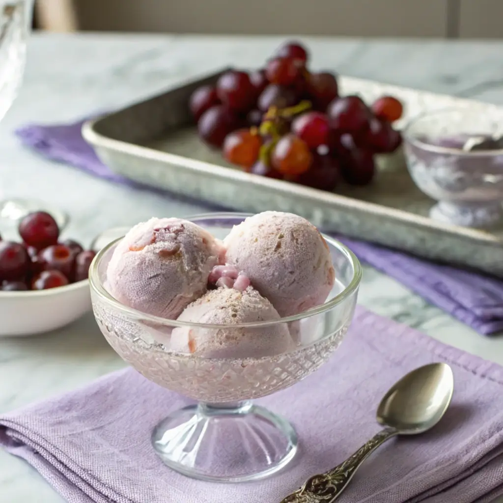 Scoops of viral grape ice cream served in a vintage glass bowl with Concord grapes and a silver spoon on a lavender napkin.