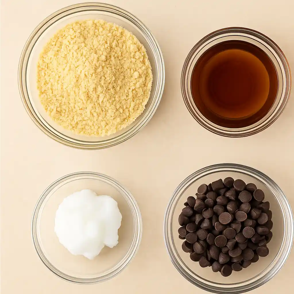 Key ingredients for healthy cookie dough truffles including almond flour, maple syrup, coconut oil, and dark chocolate chips in glass bowls