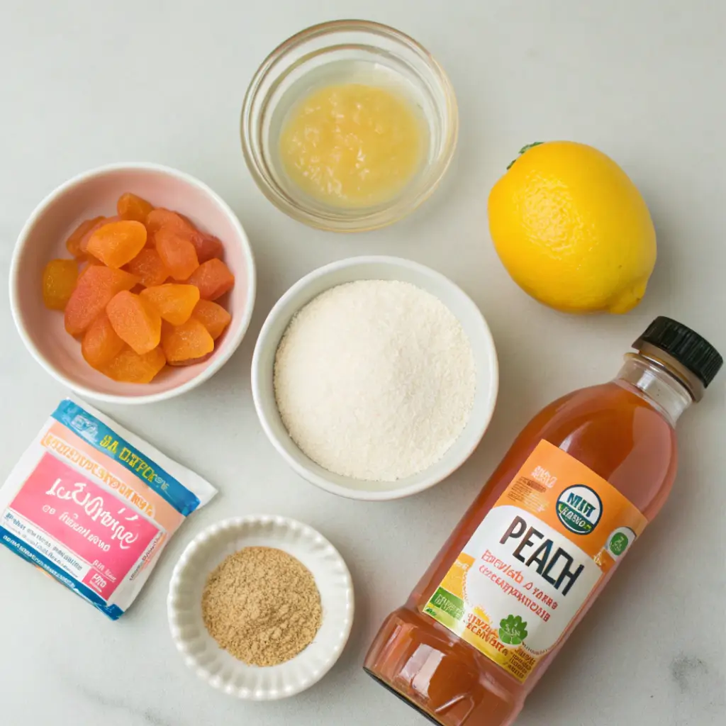 Ingredients for homemade gummy peach rings, including peach juice, lemon, sugar, gelatin, and natural sweeteners arranged on a white background.