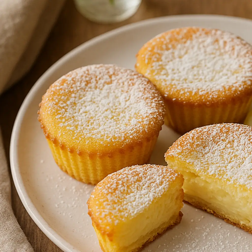 Mini lemon impossible pies on a ceramic plate, dusted with powdered sugar. One pie is sliced open to reveal a creamy custard filling
