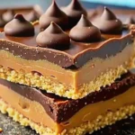 Stack of no-bake Reese’s peanut butter bars with graham cracker crust, creamy peanut butter layer, and chocolate topping with Hershey’s Kisses