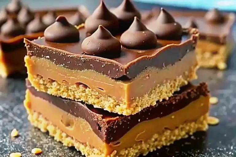 Easy Reese’s Peanut Butter No-Bake Bars – 15-Minute Dessert Stack of no-bake Reese’s peanut butter bars with graham cracker crust, creamy peanut butter layer, and chocolate topping with Hershey’s Kisses