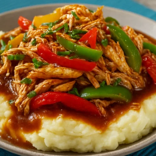 A plate of spicy Southern chicken and gravy served over creamy mashed potatoes, topped with colorful bell peppers and garnished with herbs.