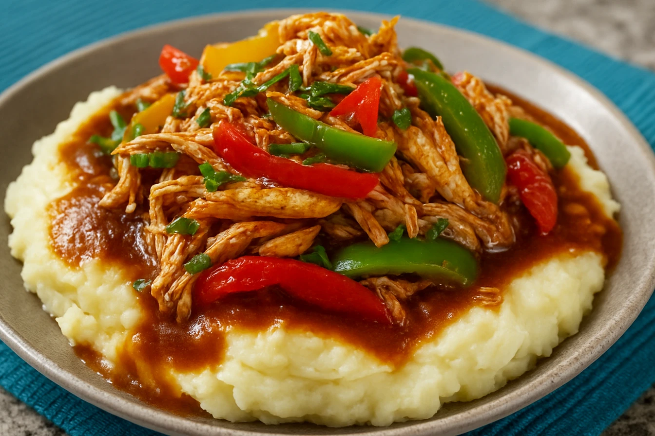 A plate of spicy Southern chicken and gravy served over creamy mashed potatoes, topped with colorful bell peppers and garnished with herbs.